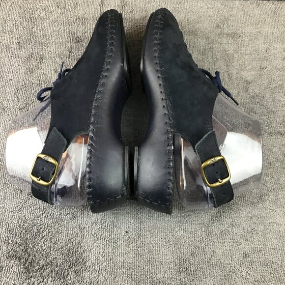 Natural Sport Navy Blue Sandal Wedge Heel Nubuck Leather Peep Toe Size 7M - Picture 4 of 8